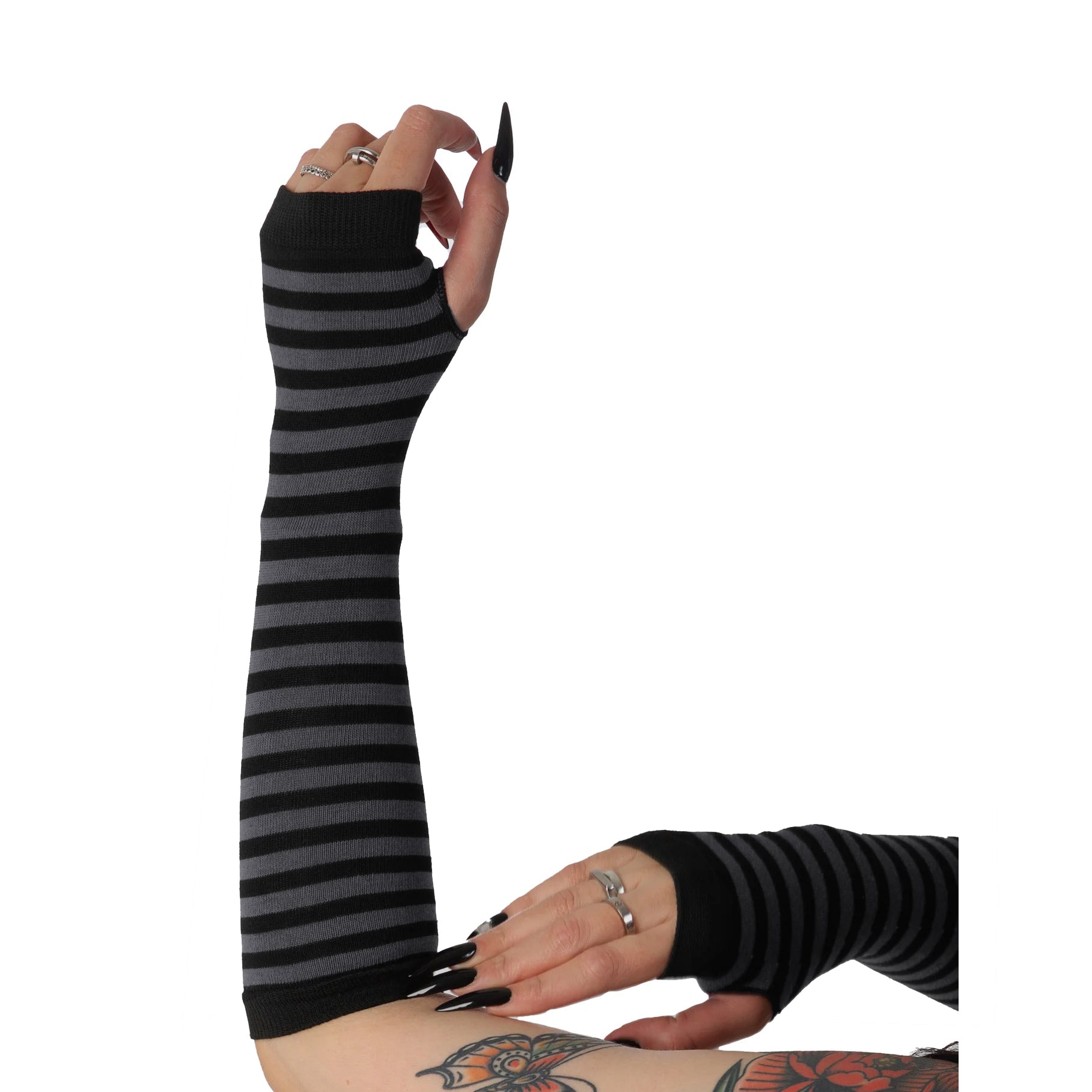 Gray and black striped fingerless gloves for women with long knit arm warmer design.