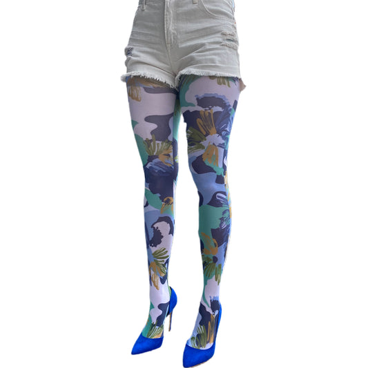 Floral camo tights for women by Malka Chic featuring unique blend of camouflage and flower pattern hosiery.