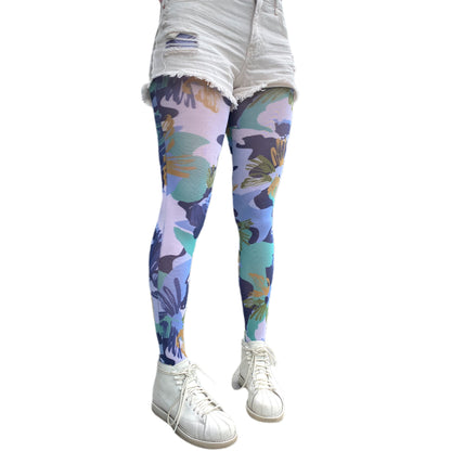 Floral camo tights for women by Malka Chic featuring unique blend of camouflage and flower pattern hosiery.