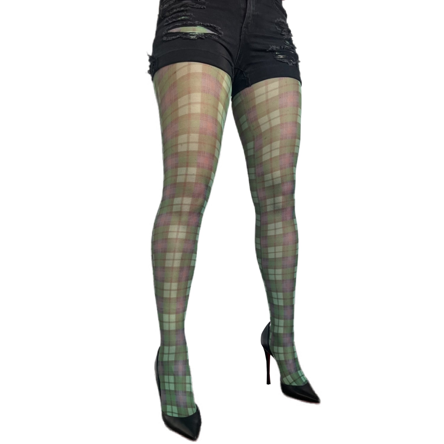Green checkered tights for women by Malka Chic, classic plaid patterned hosiery for dresses and skirts.