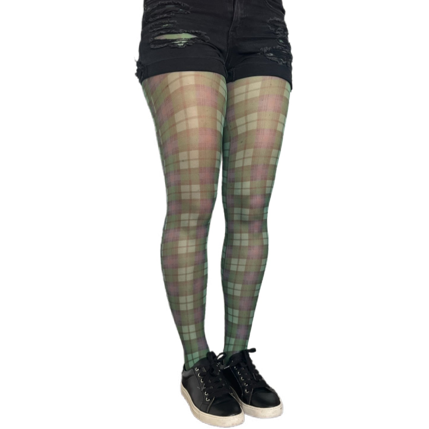 Green tartan plaid tights by Malka Chic, fashionable patterned hosiery with classic design.