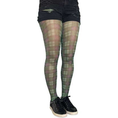 Green tartan plaid tights by Malka Chic, fashionable patterned hosiery with classic design.