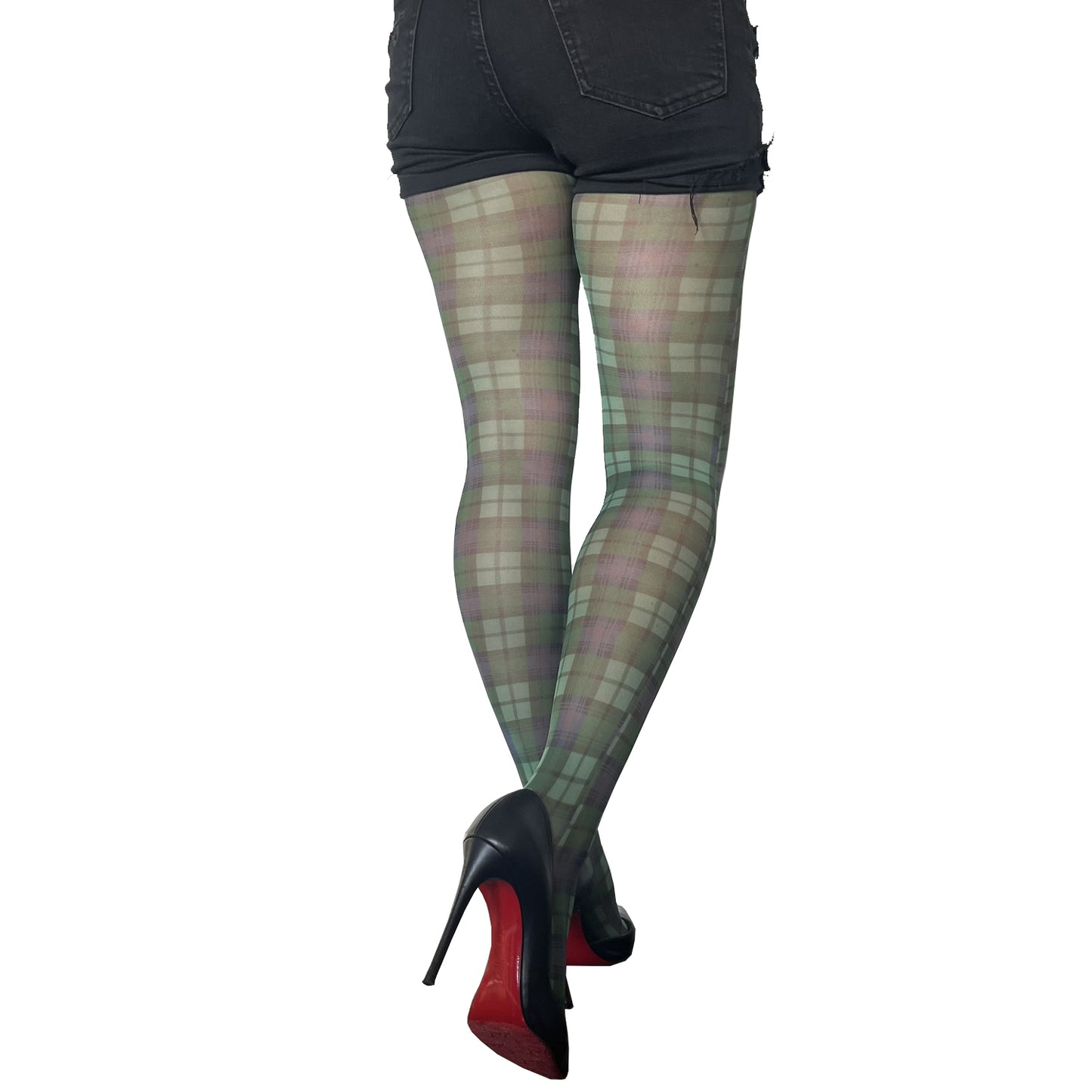 Green plaid patterned tights for women by Malka Chic featuring classic check design hosiery.