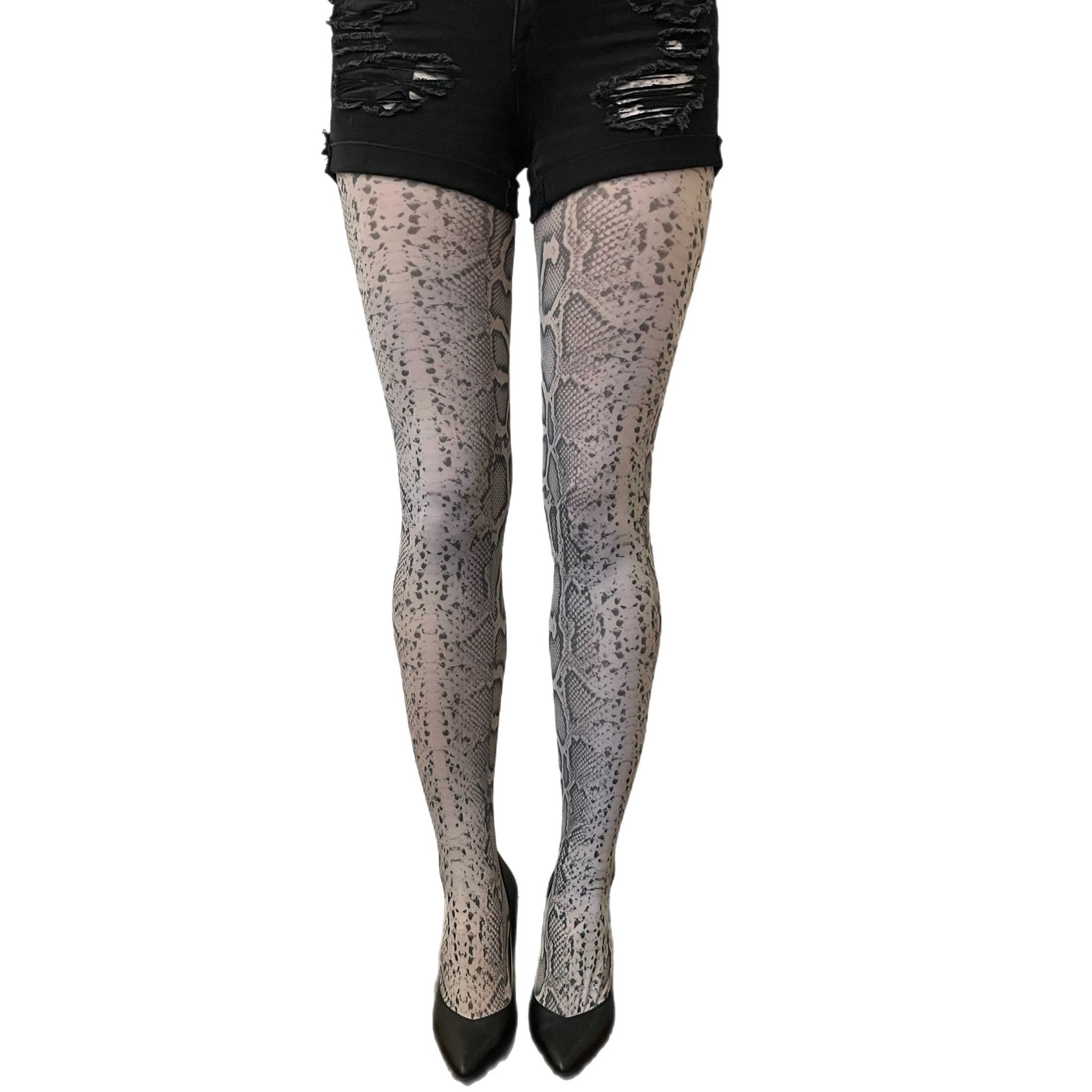 Malka Chic gray snake print tights with textured reptile pattern for bold and stylish outfits.