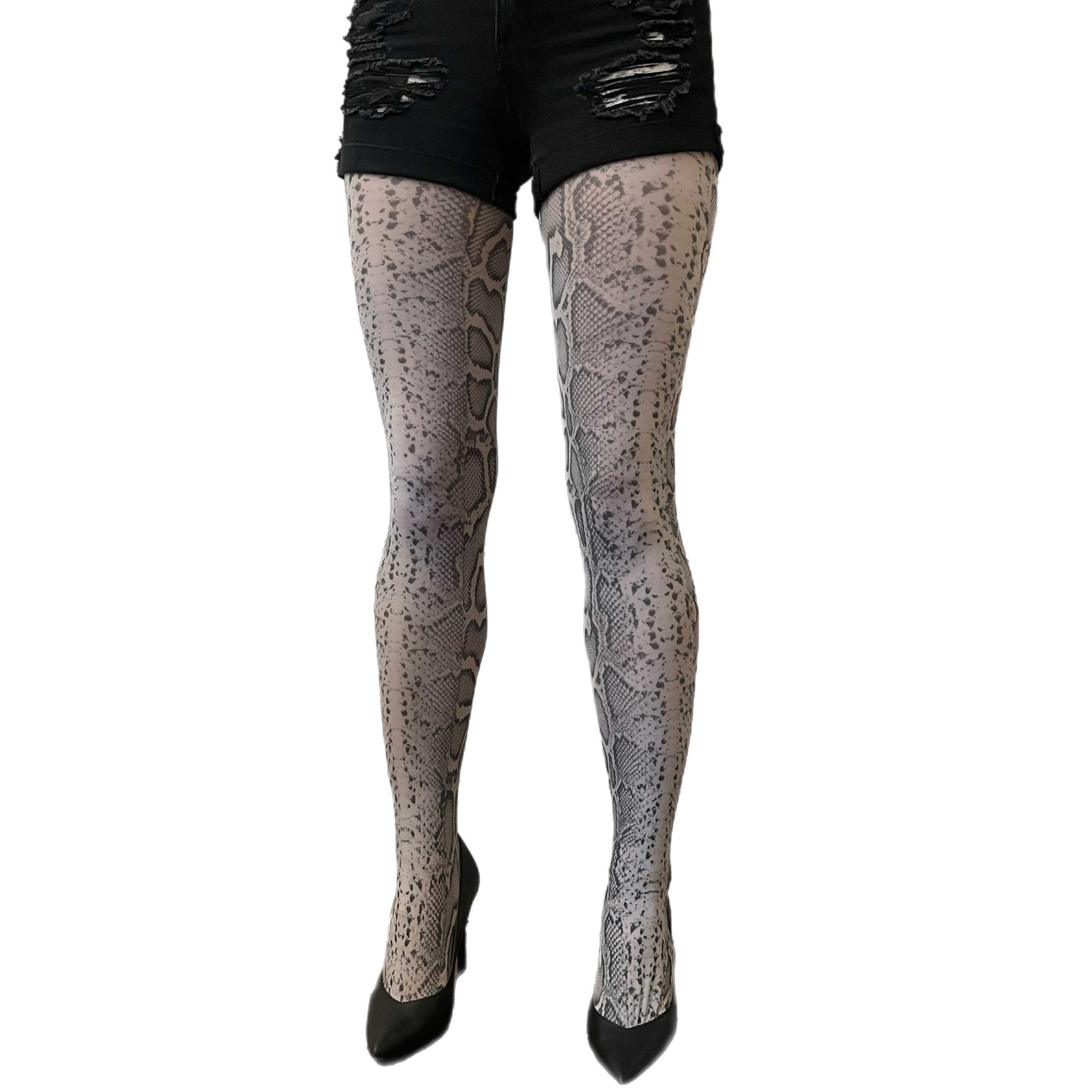 Gray snake patterned tights for women by Malka Chic featuring modern animal print hosiery.