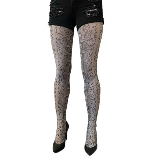 Gray snake patterned tights for women by Malka Chic featuring modern animal print hosiery.