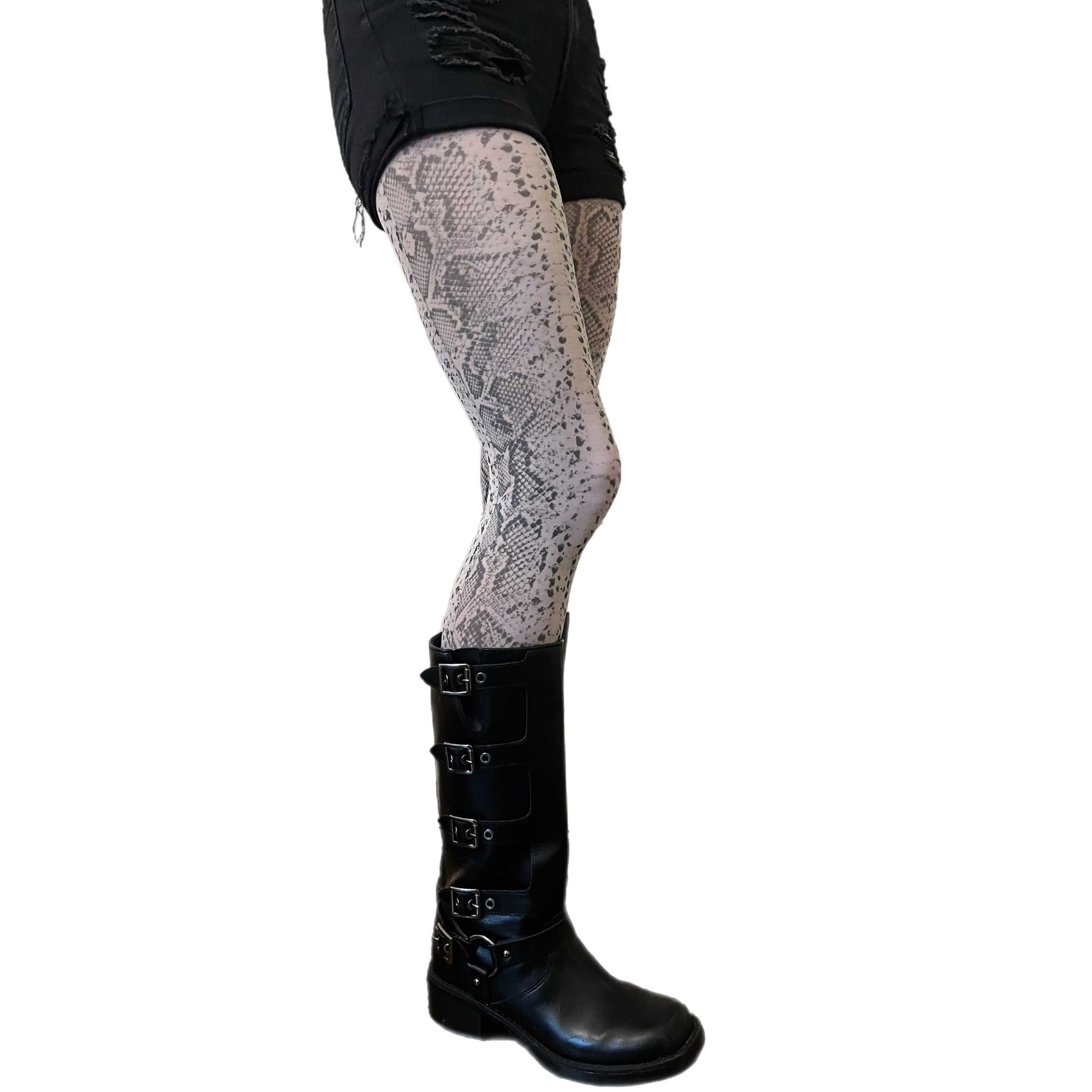 Malka Chic gray snake print tights with textured reptile pattern for bold and stylish outfits.