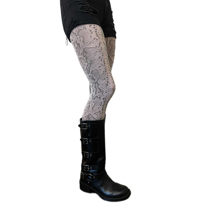 Malka Chic gray snake print tights with textured reptile pattern for bold and stylish outfits.