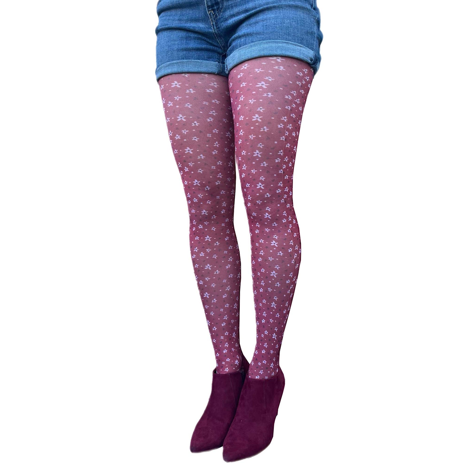 Malka Chic burgundy floral tights with delicate small flower print for feminine outfits.