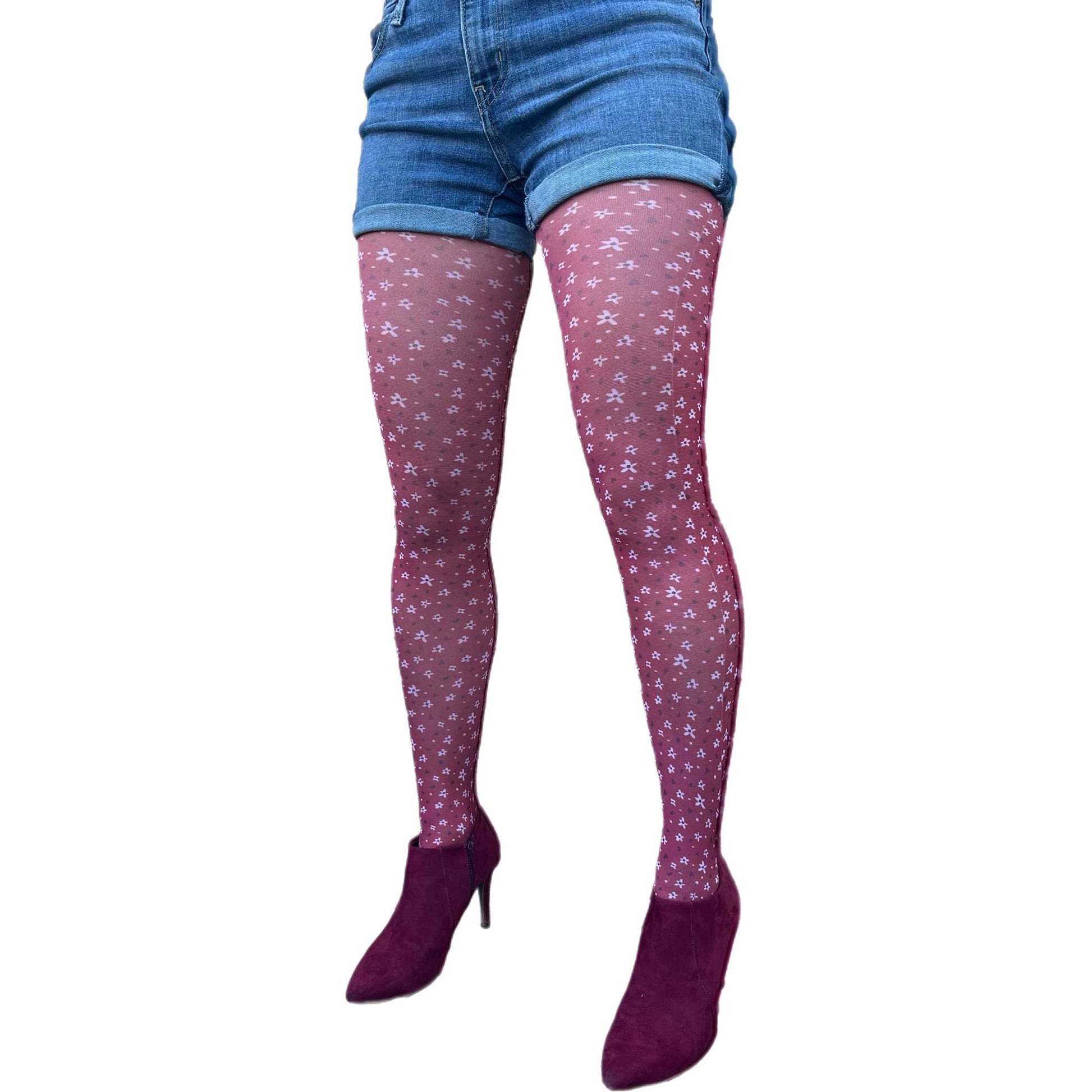 Burgundy tights with tiny floral pattern by Malka Chic, stylish patterned hosiery for everyday wear.