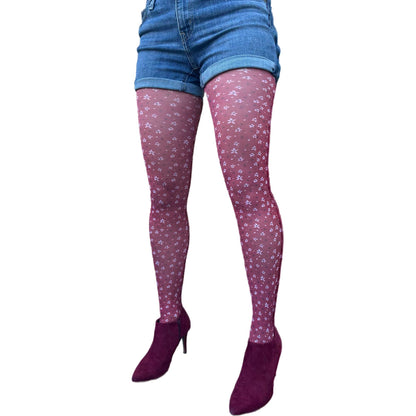 Burgundy tights with tiny floral pattern by Malka Chic, stylish patterned hosiery for everyday wear.