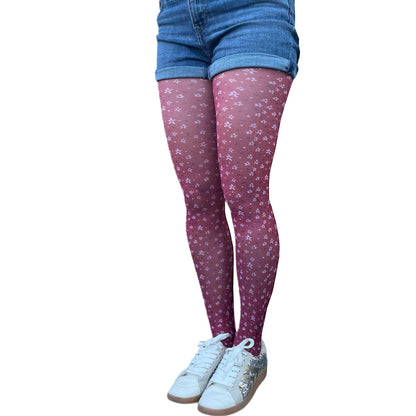 Burgundy small floral tights for women by Malka Chic, delicate flower patterned hosiery for elegant everyday outfits.