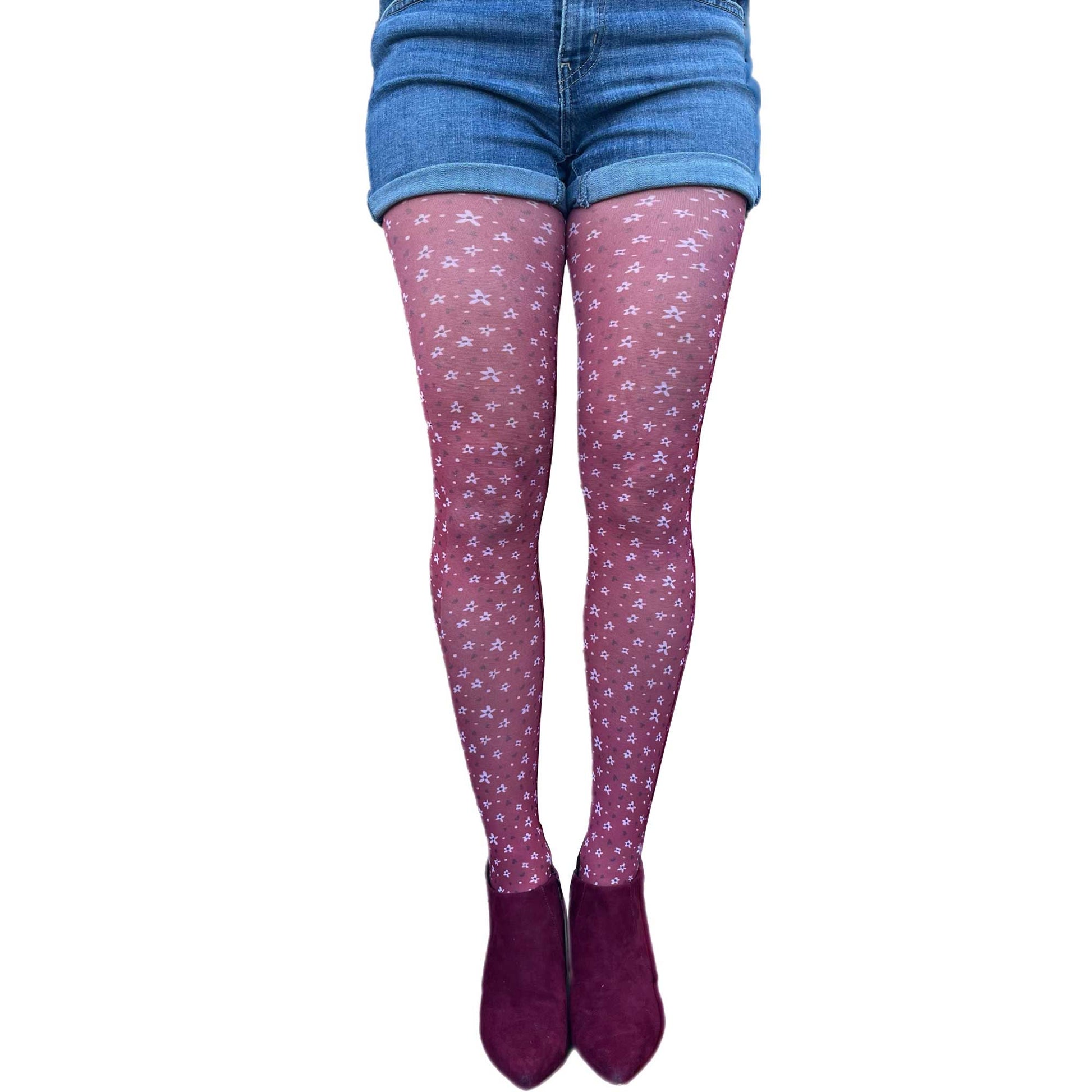 Burgundy tights with small flower pattern for women by Malka Chic, elegant floral hosiery.