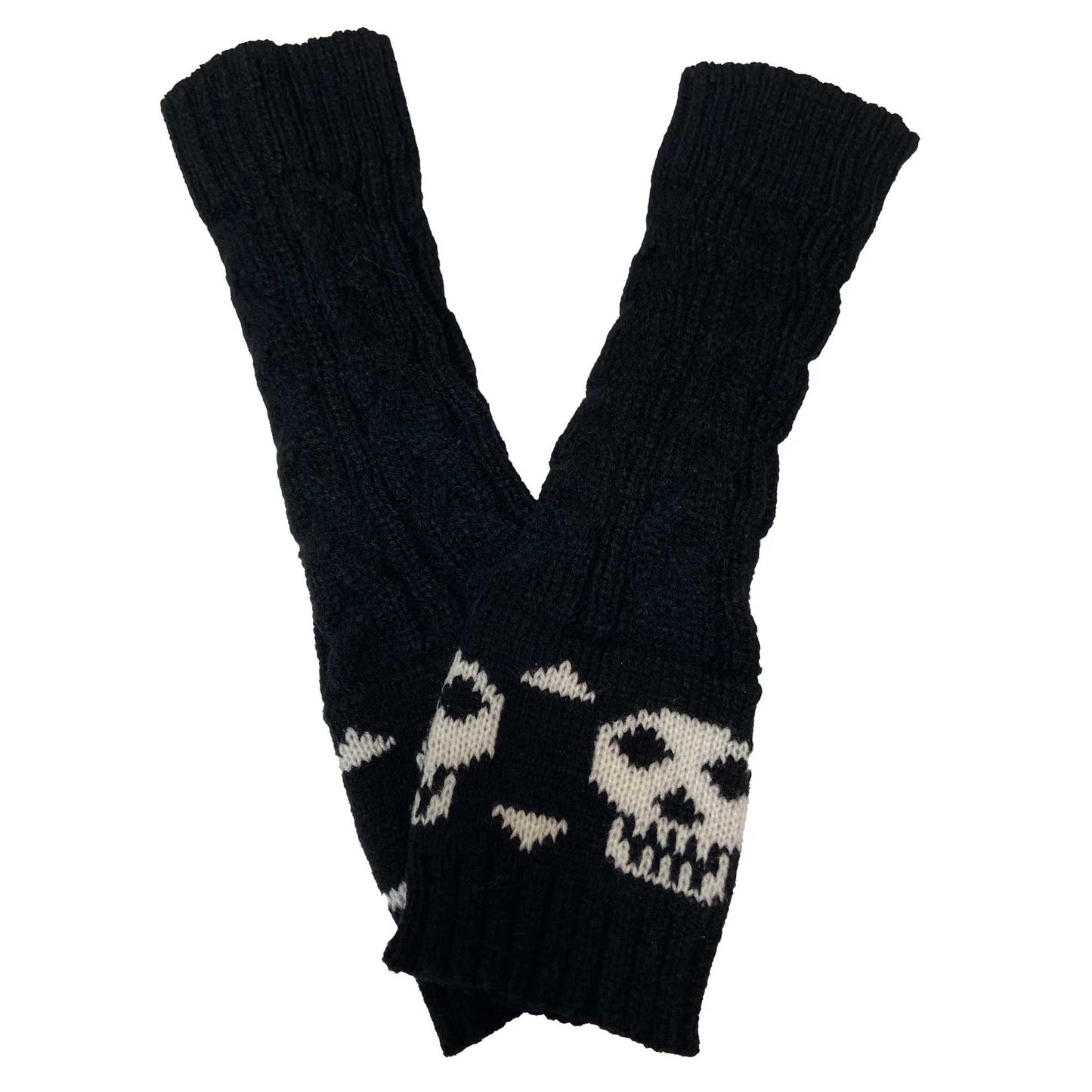 Knitted skull and crossbones fingerless gloves for women with long black arm warmer design.