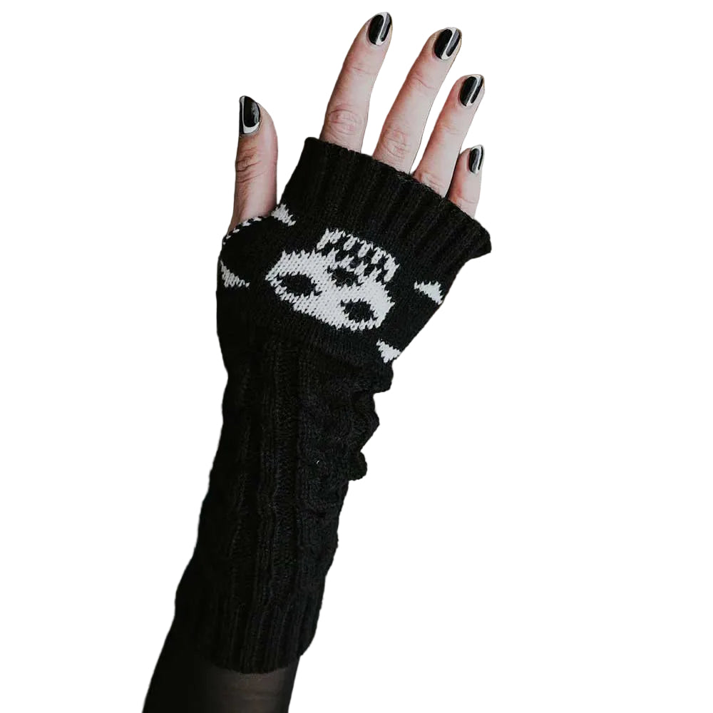 Women's black knit fingerless gloves featuring white skull and crossbones pattern.