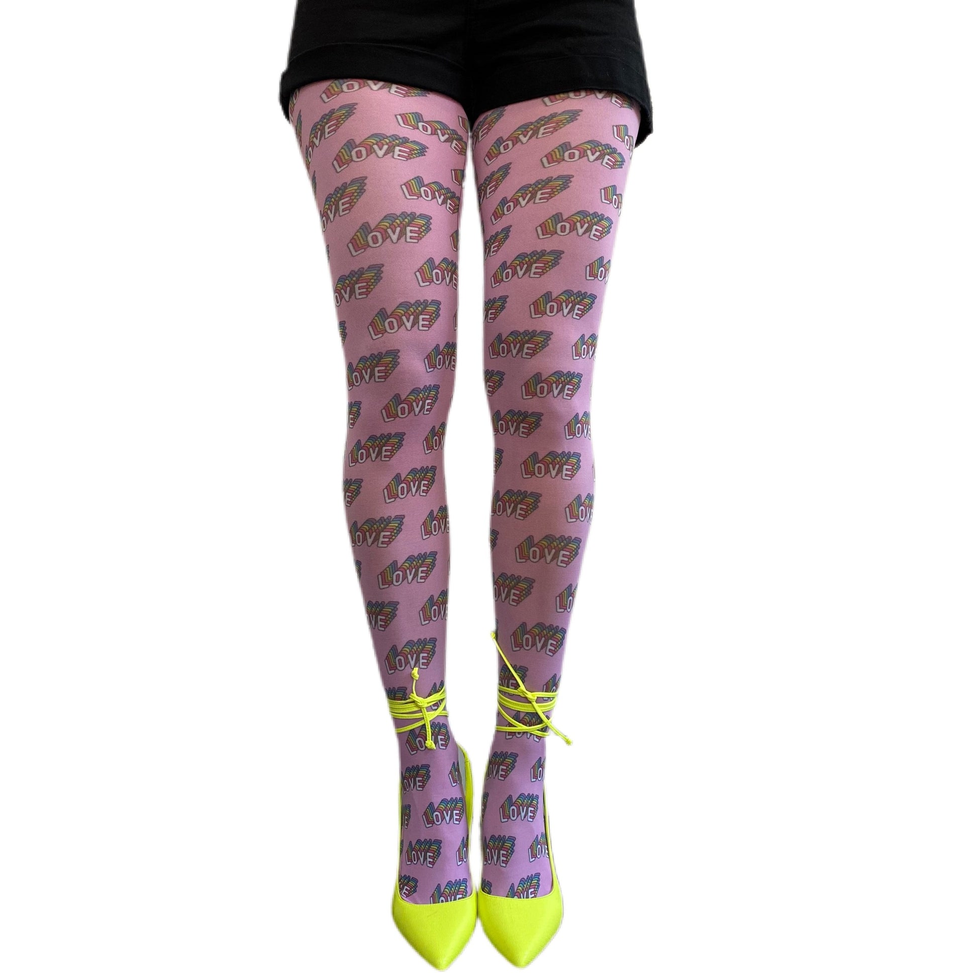 Love pride patterned tights for women by Malka Chic featuring colorful design celebrating individuality.