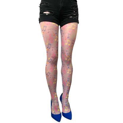 Colorful music notes tights for women by Malka Chic featuring vibrant musical pattern hosiery.
