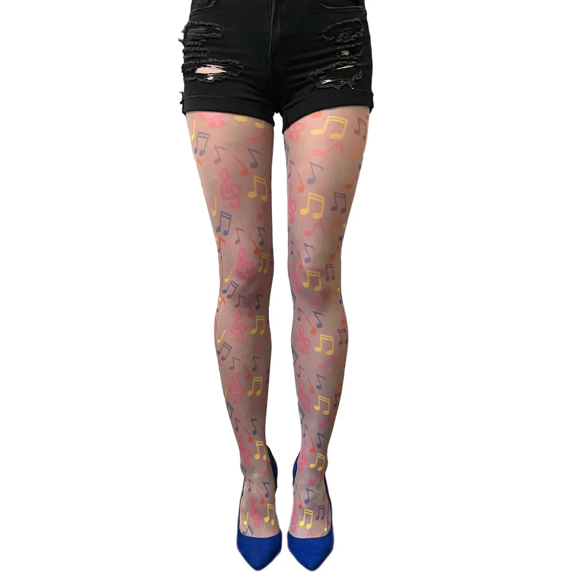Colorful music notes tights for women by Malka Chic featuring vibrant musical pattern hosiery.