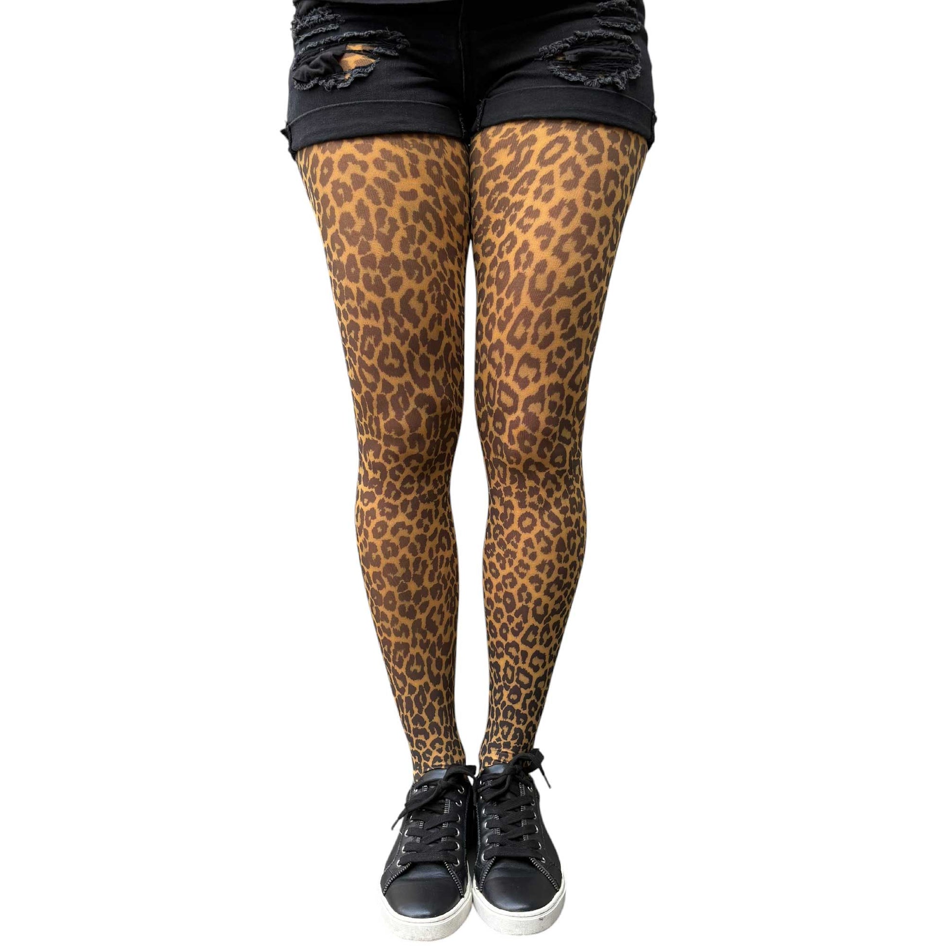 Women’s patterned tights with mustard leopard print and soft stretch comfort