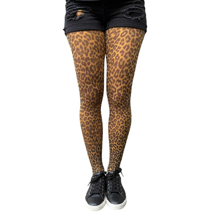 Women’s patterned tights with mustard leopard print and soft stretch comfort