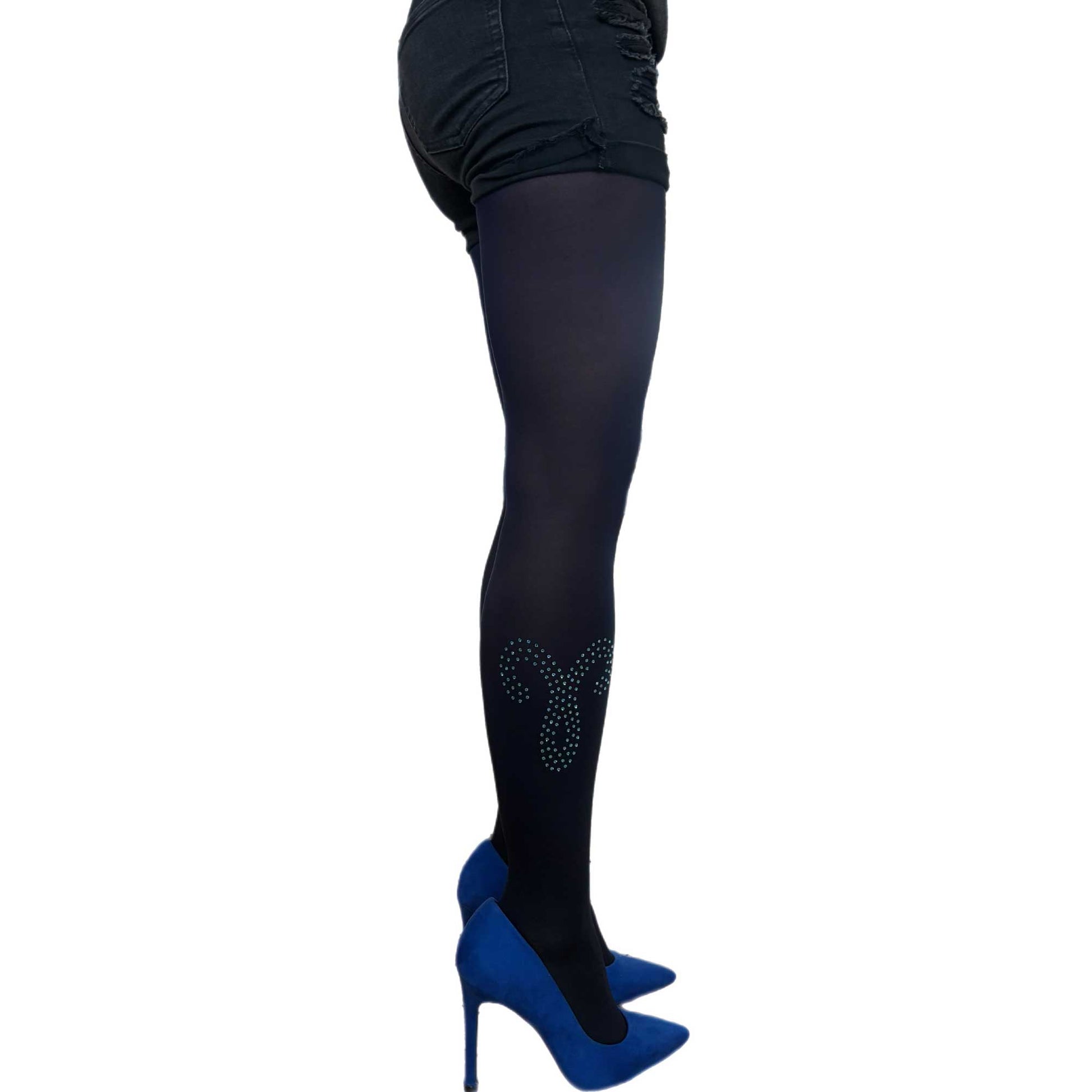 Close-up of navy tights with blue rhinestone zodiac sign design