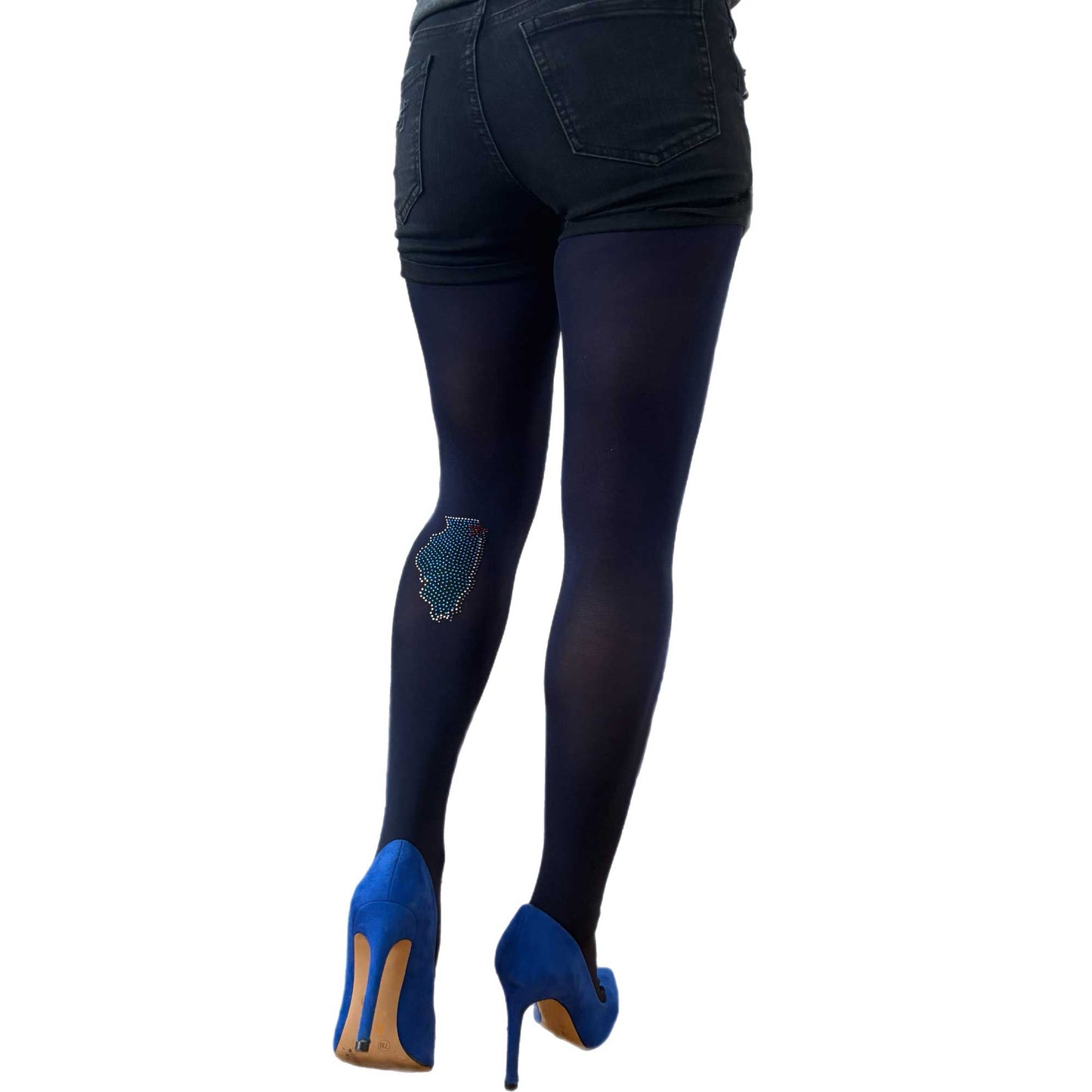 Navy opaque tights for women with Illinois State rhinestone detail