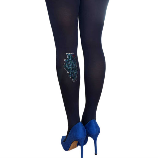 Navy opaque tights for women with Illinois State rhinestone detail 4