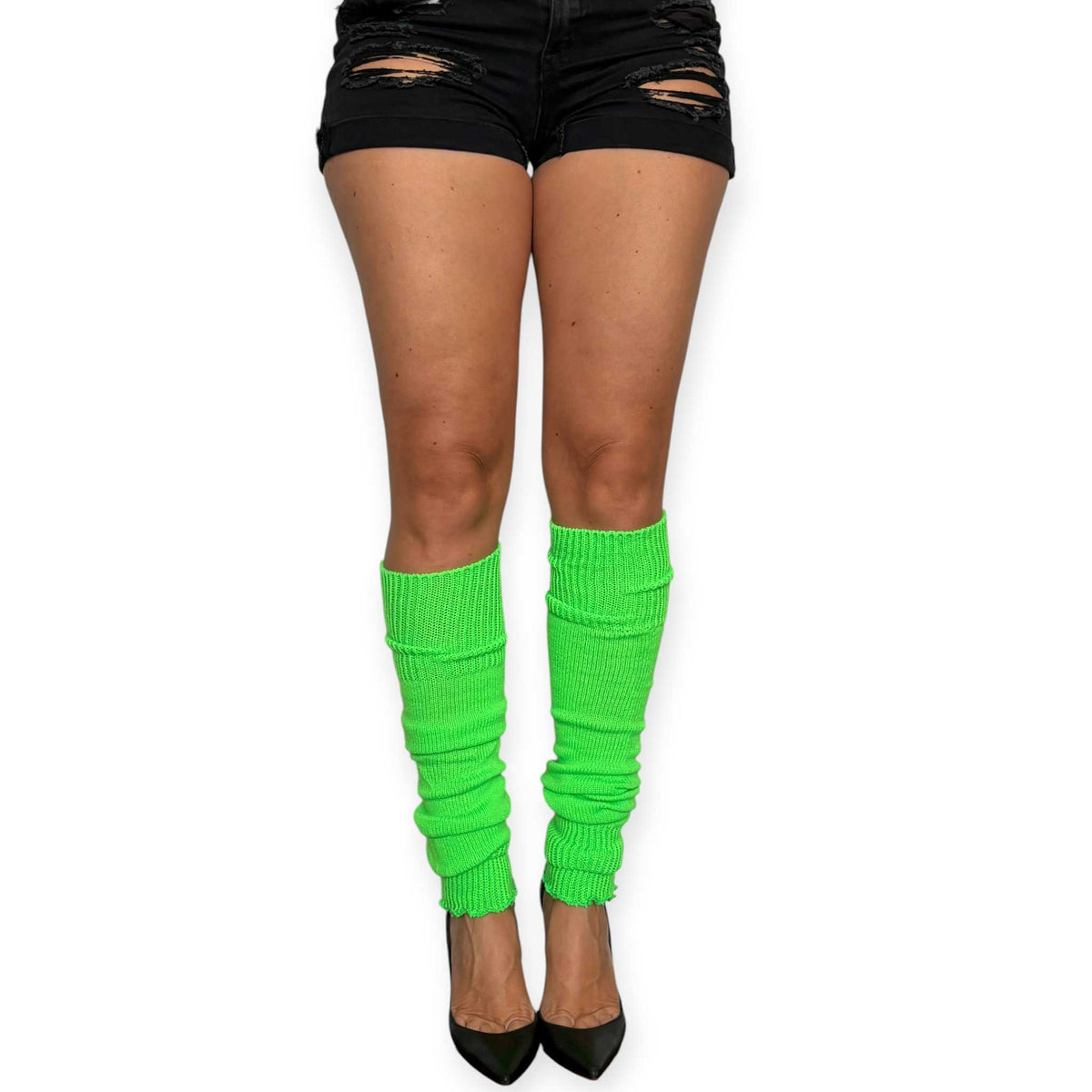 Neon green knit leg warmers for women styled with black high heels.