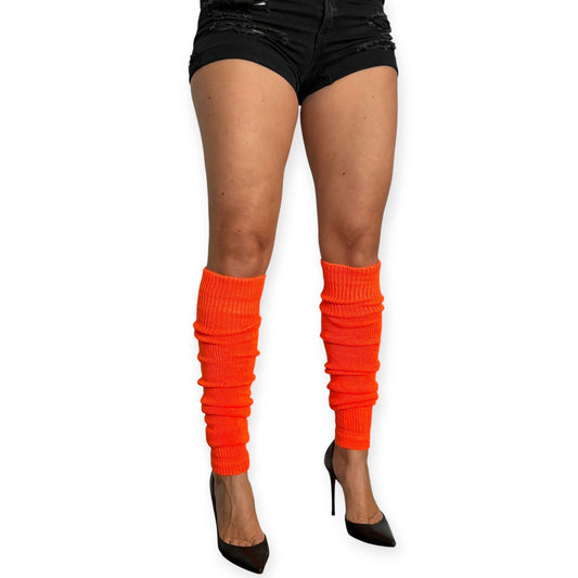 Neon orange knit leg warmers for women styled with floral high heels.