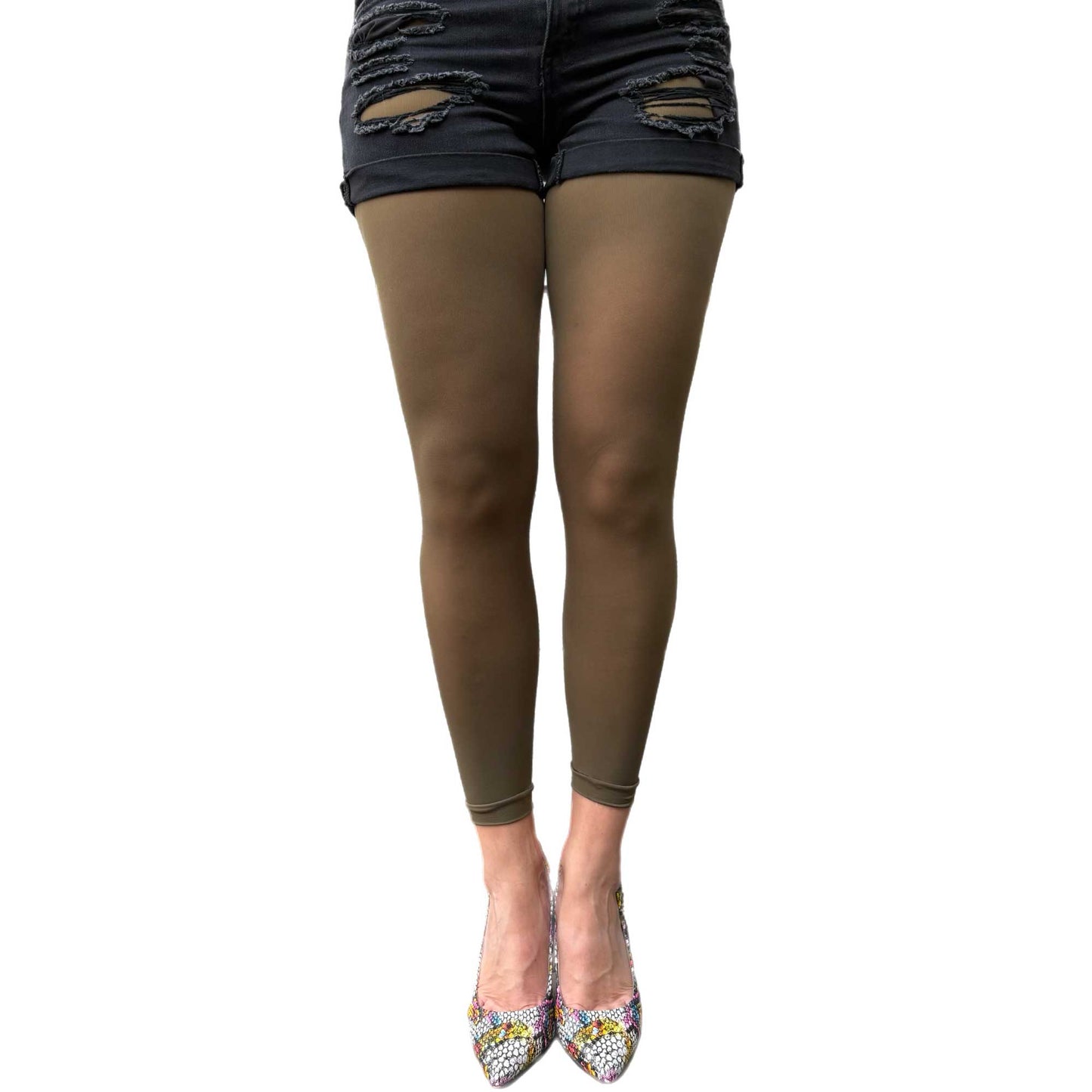 Women’s olive green footless tights styled for everyday fashion