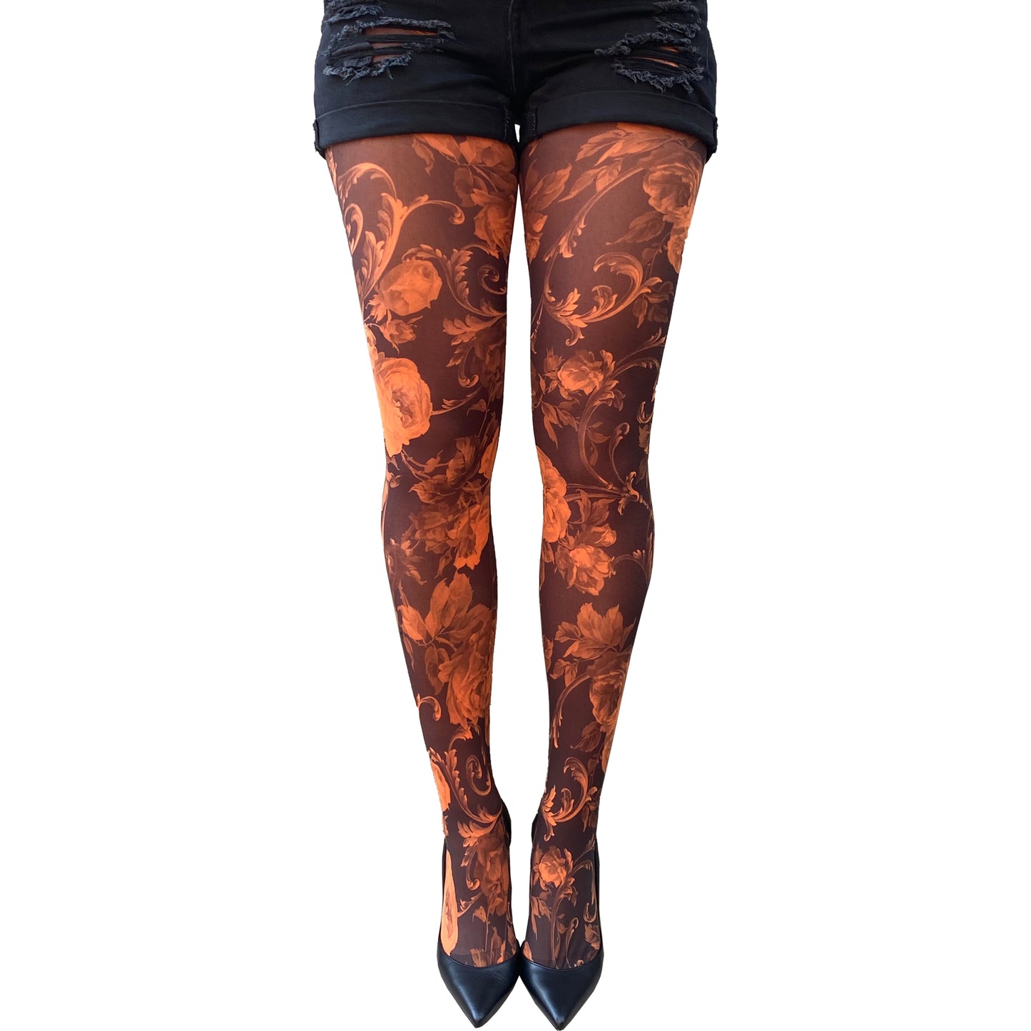 Orange floral patterned tights for women by Malka Chic featuring vibrant flower design hosiery.