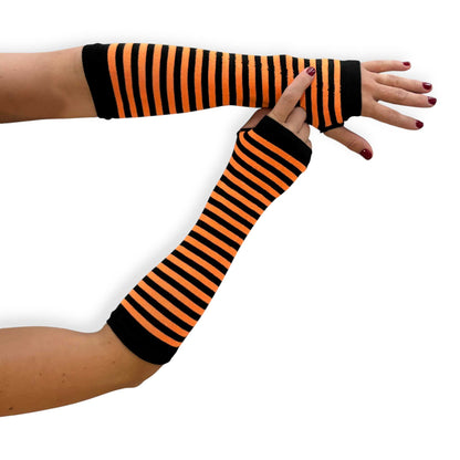 Orange and black striped fingerless gloves for women by Malka Chic with long arm warmer styling.