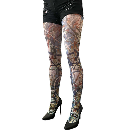 Shop paint patterned tights by Sinclair The Vandal. Artistic, bold tights designed to add color, creativity, and style to any outfit.