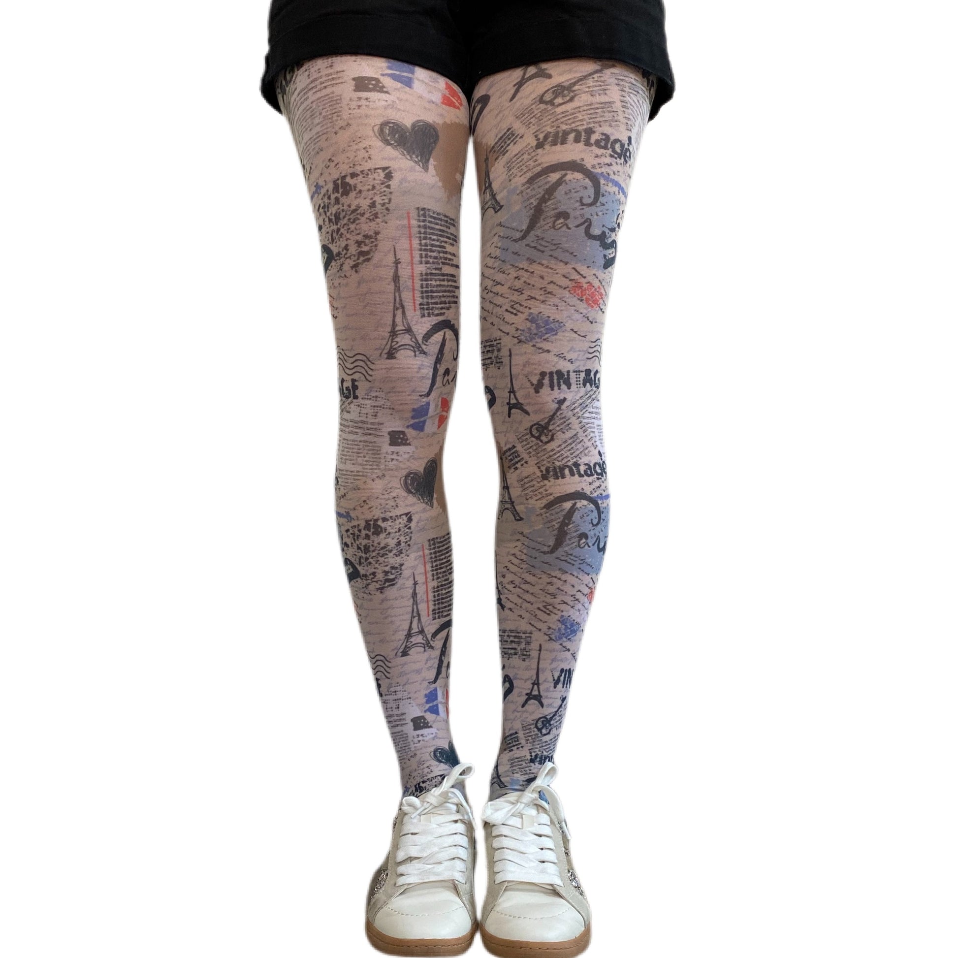 Paris print tights for women by Malka Chic, city inspired patterned hosiery for everyday wear.