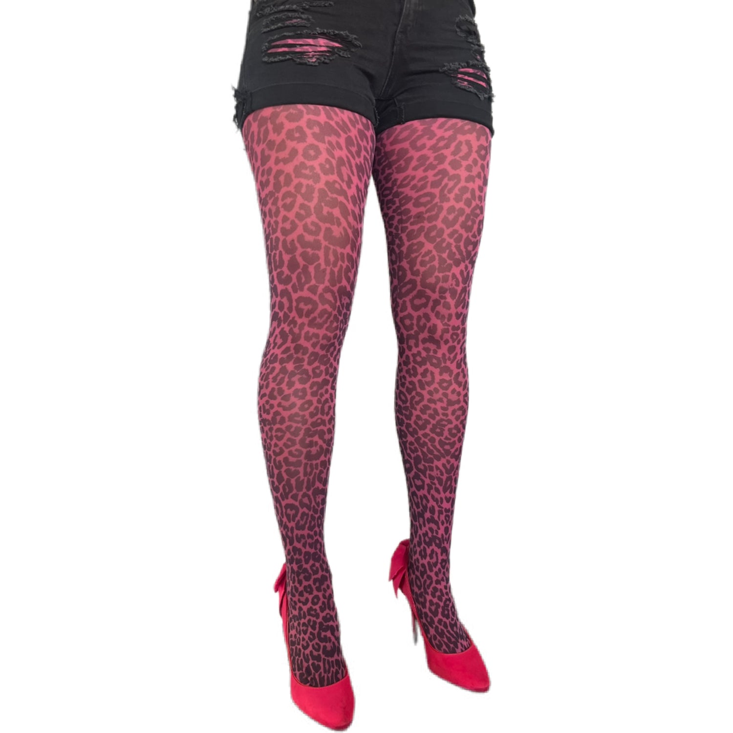 Pink leopard tights for women by Malka Chic featuring bold animal print patterned hosiery.