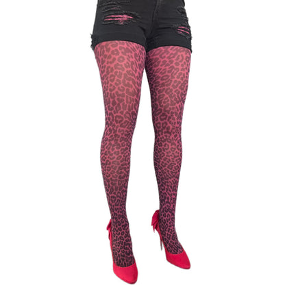 Pink leopard tights for women by Malka Chic featuring bold animal print patterned hosiery.