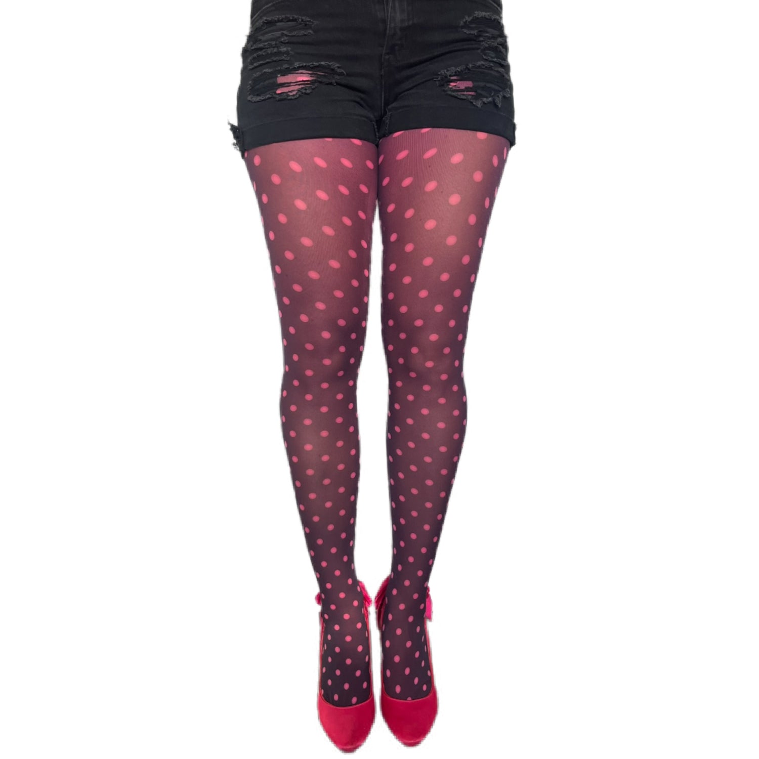 Pink dotted tights for women by Malka Chic featuring playful polka dot patterned hosiery.