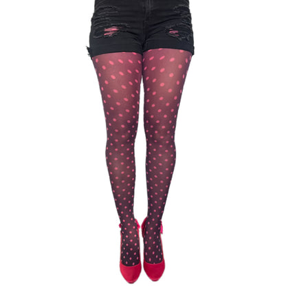 Pink dotted tights for women by Malka Chic featuring playful polka dot patterned hosiery.