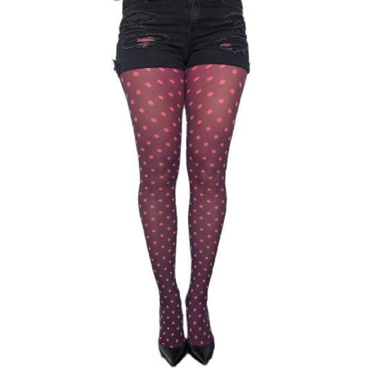 Pink polka dot tights by Malka Chic, fun and elegant patterned hosiery for dresses and skirts.