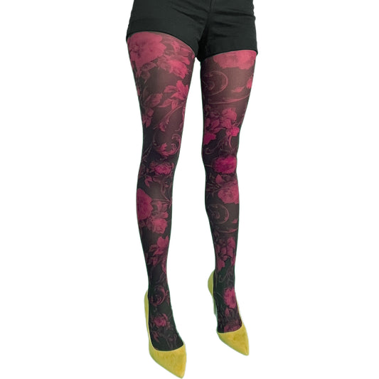 Pink floral patterned tights for women by Malka Chic featuring delicate flower design hosiery.