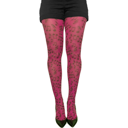 Pink music patterned tights by Malka Chic featuring musical notes design