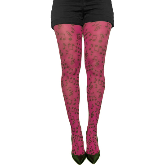 Pink music patterned tights by Malka Chic featuring musical notes design