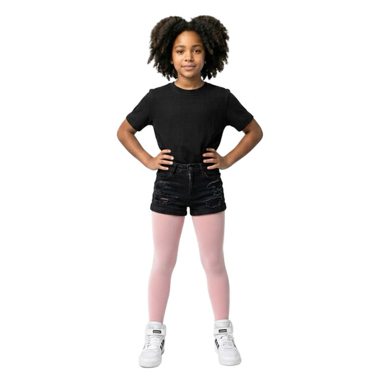 Girl wearing pink opaque tights – soft and comfortable everyday tights for kids