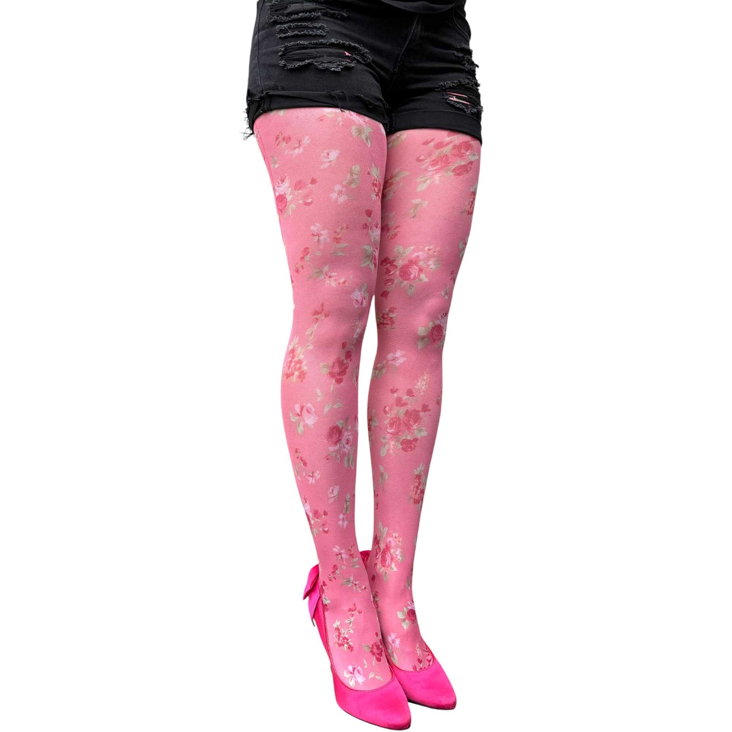 Stylish pink tights for women with small flower print and elegant feminine look