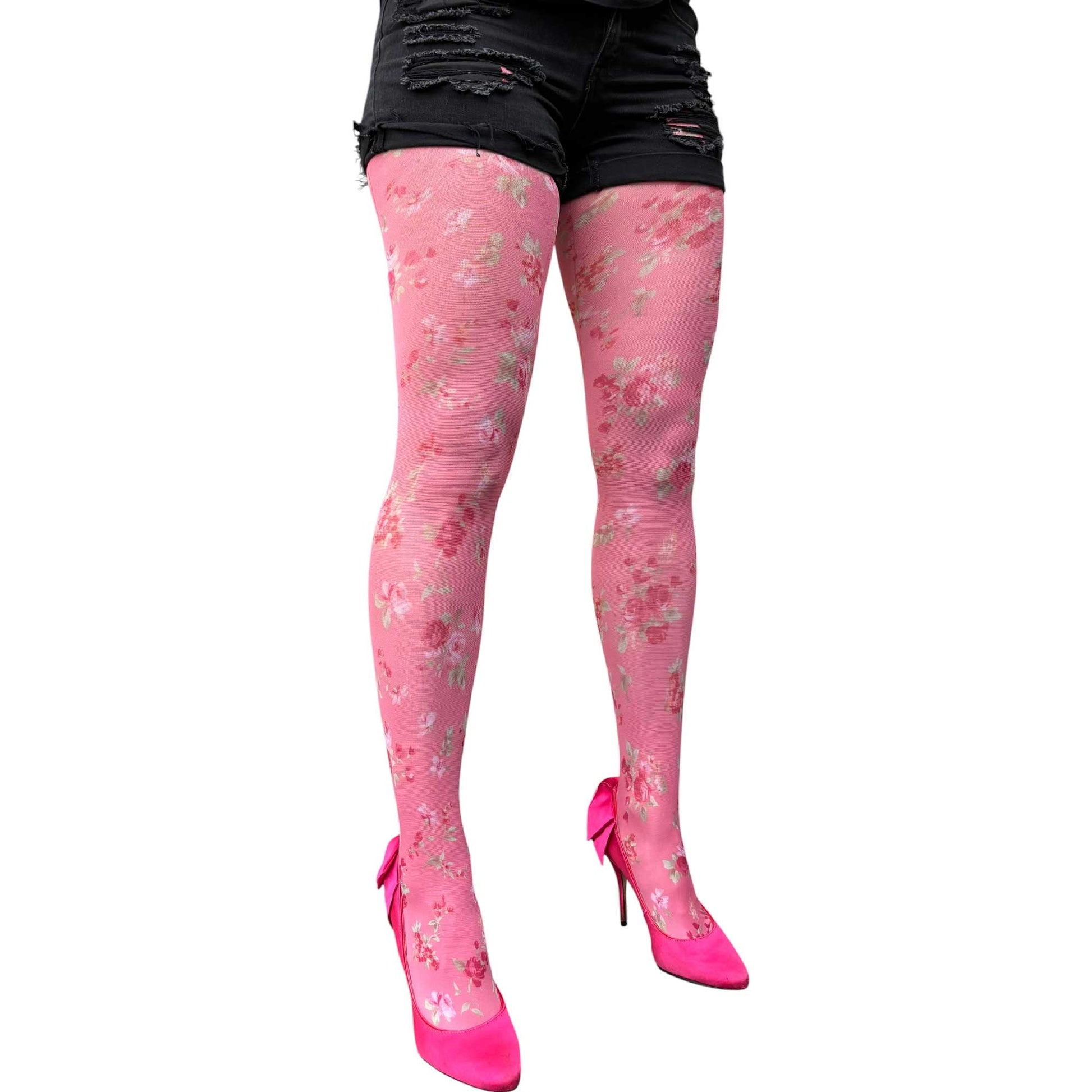 Sheer pink pantyhose with mini floral design for chic everyday and dressy outfits
