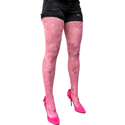 Sheer pink pantyhose with mini floral design for chic everyday and dressy outfits