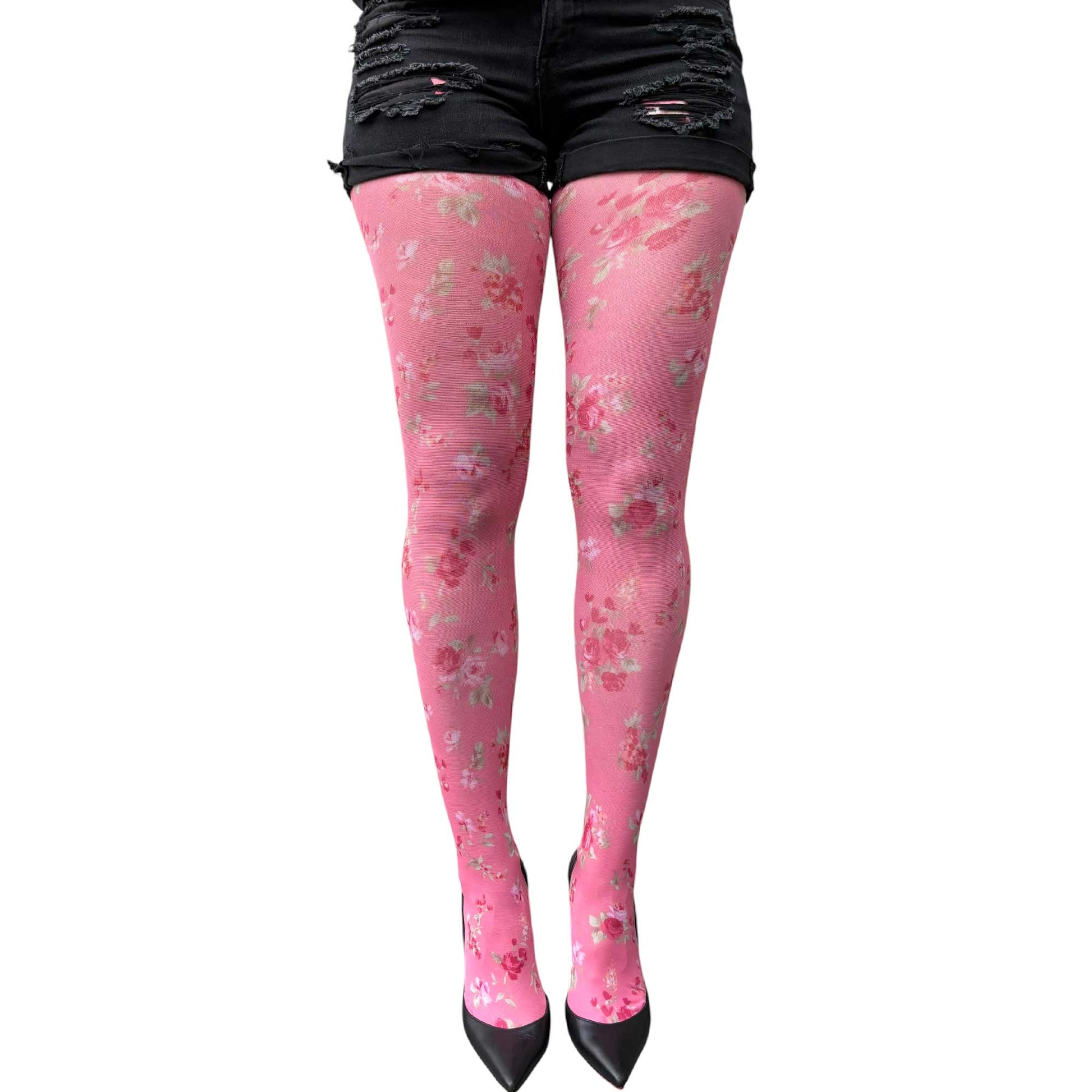 Pink small flowers tights for women with delicate floral pattern and sheer finish