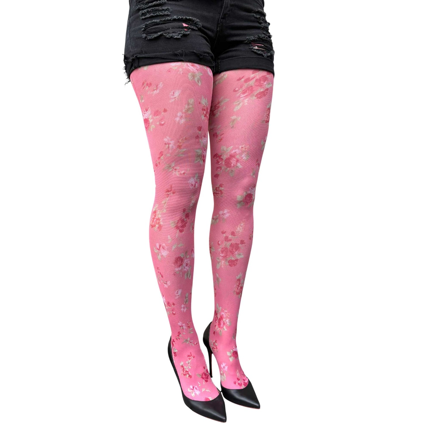 Women’s pink floral tights featuring tiny flower details and soft transparent fabric