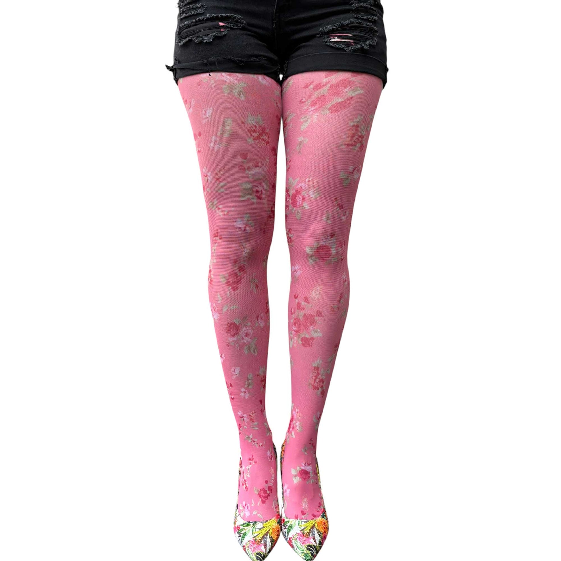 Pink patterned tights for women with cute small flowers and lightweight comfort fit