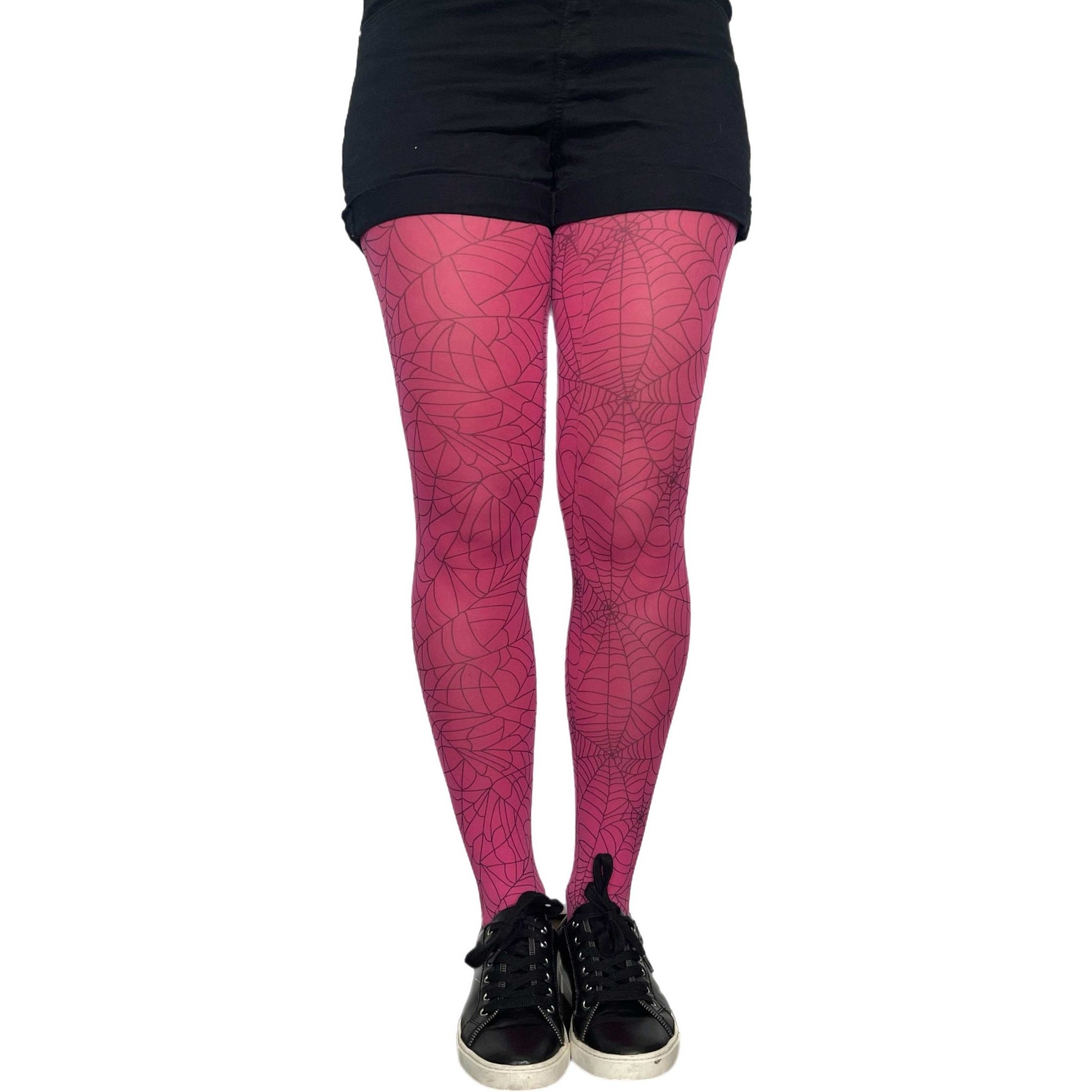 Pink web print tights for women by Malka Chic, unique patterned hosiery for creative fashion looks.